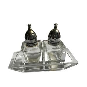 Vintage Viking Glass Crystal Clear w/ Chrome Salt & Pepper Shakers & Tray Japan